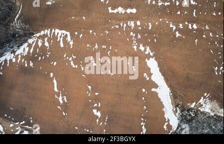 Frozen earth surface background above top drone view Stock Photo