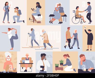 People in work sports study set, man woman skiing stretching shopping dating working Stock Vector