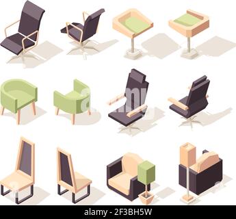 Office chairs. Modern furniture chairs and armchairs vector low poly isometric 3d pictures Stock Vector