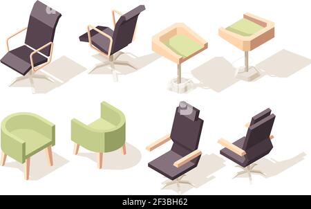 Chair isometric. Modern wooden furniture for office cabinet vector low poly 3d objects chairs and armchairs collection Stock Vector