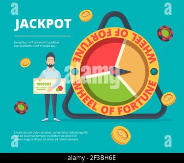 Fortune happy people. Victory lucky person near wheel fortune game roulette players spinning lottery chance vector concept Stock Vector