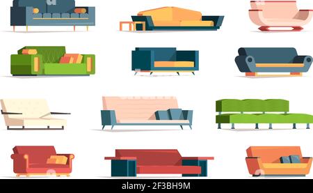 Soft furniture. Divan fabric couch simple set front view interior furniture armchairs vector flat pictures Stock Vector