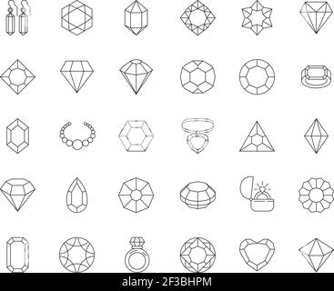 Jewels collection. Diamonds gems rings shiny luxury objects gifts vector outline symbols Stock Vector