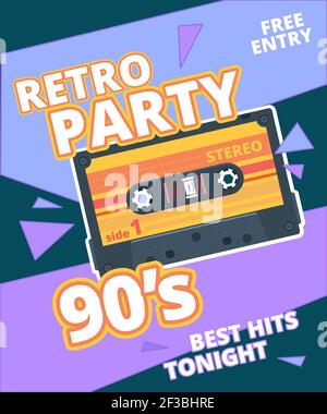 Retro party poster. 90s label with stereo audio cassette music background vector placard Stock Vector