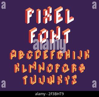 Pixel font. Retro block alphabet game in retro style 90s cubic letters vector isometric font Stock Vector