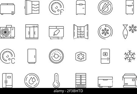 Freez icon. Refrigerator freezer in interior for food compact and commercial portable fridges vector thin line symbols Stock Vector