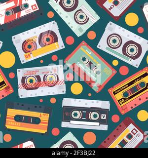 Audio cassette pattern. Stereo mixtape record music items funky style retro fashioned vector seamless background 90s dance wallpaper Stock Vector