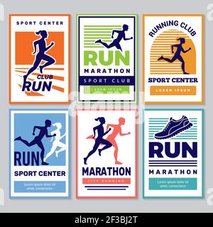 Running club poster. Marathon winners sportsmen athletes fitness for healthy people vector placard collection Stock Vector
