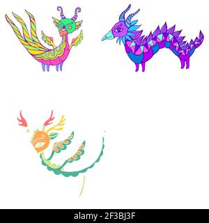 Set of five colorful fantasy Dragons. Each dragon is unique, with its own colors and patterns, wings, horns and tails. Isolated on white. Bizarre deco Stock Vector