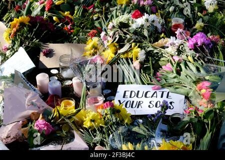 College Green, Bristol, UK. 16th Mar, 2021. Floral tributes laid during the reclaim the Streets vigil for Sarah Everard, who died in Clapham. Local women had held a vigil despite the lockdown rules. Credit: JMF News/Alamy Live News Stock Photo