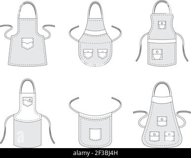 Kitchen aprons. Professional clothes for cook preparing food accessories aprons with pockets vector template collection Stock Vector