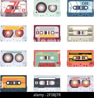 Music cassettes. Electronics audio player mixtape 80s technologies stereo record radio vector flat pictures Stock Vector