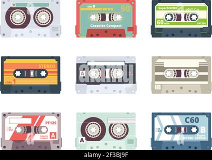 Audio cassettes. Retro 90s record stereo tape plastic listening devices hifi music cassettes vector colored flat collection Stock Vector