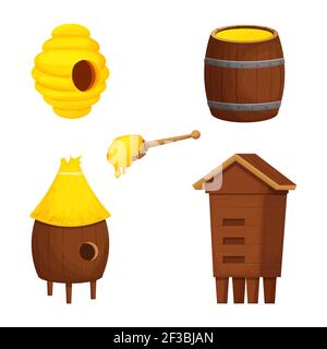 Apiary set, collection wooden beehive, honey dipper and barrel in cartoon style isolated on white background. Beekeeping elements, decoration, element Stock Vector