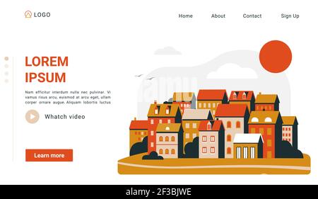 Urban simple landscape landing page, cityscape sunset scene with orange buildings houses Stock Vector