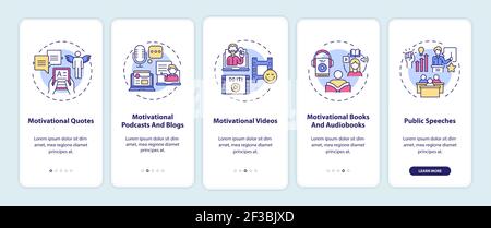 Motivational content sources onboarding mobile app page screen with concepts Stock Vector