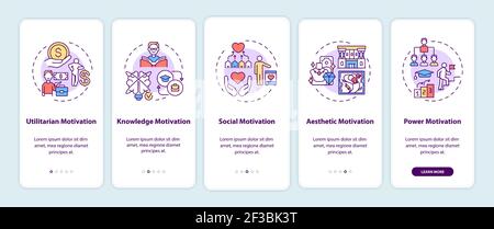 Motivational factors onboarding mobile app page screen with concepts Stock Vector