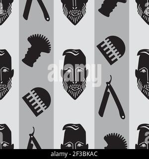 Male face and barber tools seamless vector pattern background. Grey striped geometric backdrop with head of a bearded man, comb, scissors, shaving Stock Vector