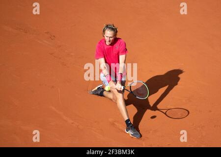 American tennis player Sebastian Korda  playing a backhand return during French Open 2020, Paris, France, Europe. Stock Photo