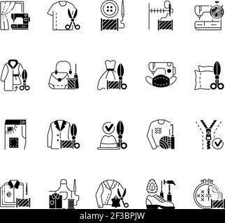 Clothing alteration and repair services black linear icons set Stock Vector