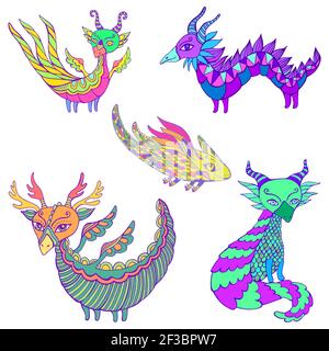 Set of five colorful fantasy Dragons. Each dragon is unique, with its own colors and patterns, wings, horns and tails. Isolated on white. Bizarre deco Stock Vector
