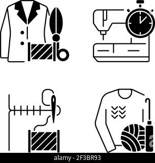 Outfit repair services black linear icons set Stock Vector