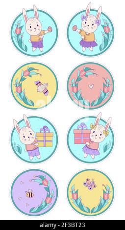 Set of cute animals and insects. Rabbits - boy and girl with Easter eggs and gifts, butterfly and bird on a round floral background. Vector illustrati Stock Vector