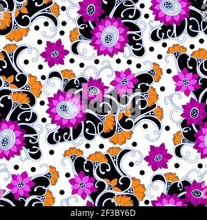 Seamless bohemian floral pattern with fantasy stylized flowers. Colorful print hand drawn elements. Vector outline illustration. Stock Vector