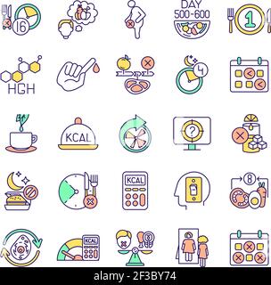 Intermittent fasting RGB color icons set Stock Vector