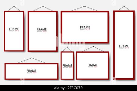 Realistic hanging on a wall blank red picture frames collection. Modern poster mockup. Empty photo frame. Vector illustration. Stock Vector