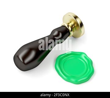 Personal stamp and green wax seal on white background Stock Photo