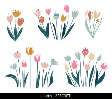 Tulips set. Flowers in a flat style. Vector isolated on white background. Easter, thanksgiving. Spring, hand drawn elements. Stock Vector