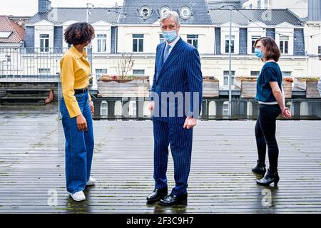 director Melat Gebeyaw Nigussie and King Philippe - Filip of Belgium pictured during a royal visit to the Beursschouwburg theater in the city center o Stock Photo