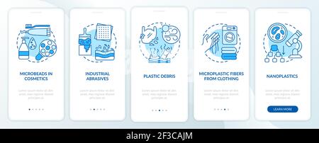 Microplastics sources and types onboarding mobile app page screen with concepts Stock Vector