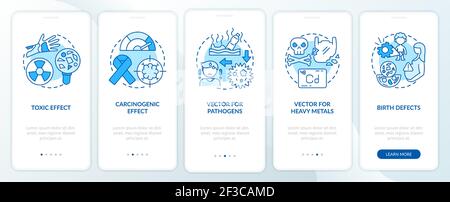 Microplastics health effects onboarding mobile app page screen with concepts Stock Vector