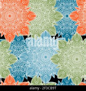 Seamless pattern with abstract bohemian mandalas. Vintage decorative hand drawn elements. Vector outline illustration. Stock Vector