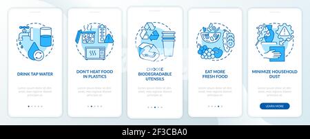 Avoiding microplastics tips onboarding mobile app page screen with concepts Stock Vector