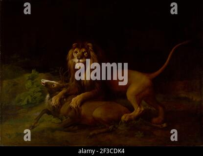 A Lion Attacking a Stag;Lion devouring a stag;Lion Slaying a Buck;Lion Killing a Stag, between 1765 and 1766. Stock Photo