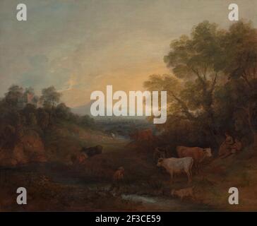 Landscape with Cattle;Landscape with Cattle and Figures;A Landscape with Cattle and Figures by a Stream and a Distant Bridge;An english landscape with peasants and cattle;Wooded Stream with Pastoral Figures and Distant Bridge;Pastoral Landscape with Distant Bridge;Woody Stream with pastoral Figures and Distant Bridge;A Woody Stream with Pastoral Figures and Distant Bridge;Extensive Wooded Landscape with Peasants, Cows, Shepard and sheep, Ruined Building on a Hillock and Distant Village and Mountain, ca. 1773. Stock Photo