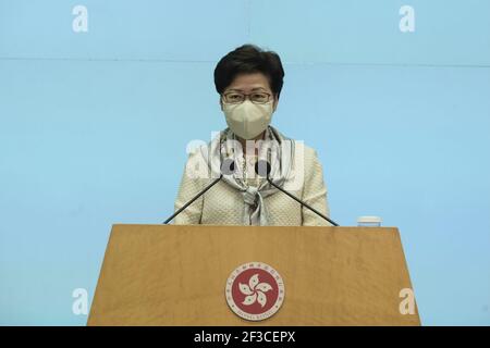 Hong Kong Chief Executive Carrie Lam Cheng Yuet-ngor speaks at a press conference to agree to the decision made by China's NPC (National People's Congress), the country's top legislature, on amendments to Hong Kong's electoral system in Hong Kong, China, 11 March 2021. China's top legislature endorsed a decision on improving the electoral system of the Hong Kong Special Administrative Region, which marks as another major step to improve the region's legal and political systems. According to the draft decision, the change is based on the overall framework of the Hong Kong Basic Law and the Nati Stock Photo