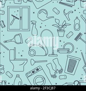 Vector Seamless pattern Illustration Cleaning Maid service Housekeeping Ironing Washing window Laundry Watering plant Mop Clean lavatory Professional Stock Vector