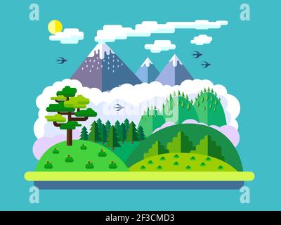 Vector flat landscape with mountains and forest Stock Vector