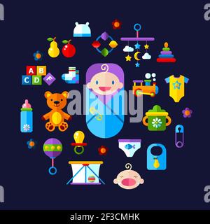 Set of vector icon set baby toys, feeding and care Stock Vector