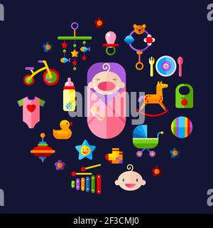 Set of vector icon set baby toys, feeding and care Stock Vector