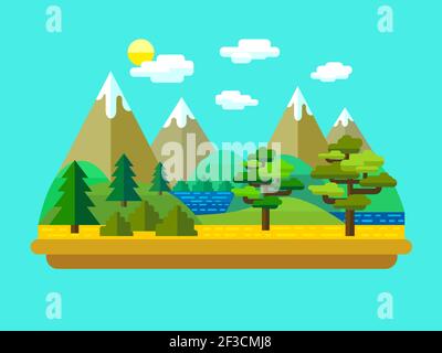 Vector flat landscape with mountains and forest. Stock Vector
