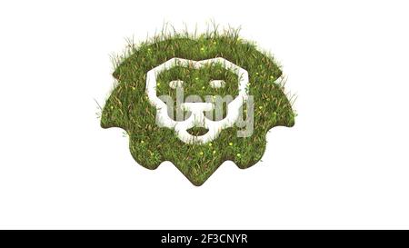 3d rendered grass field with colorful flowers in shape of symbol of lion head wild animal with ground isolated on white background Stock Photo