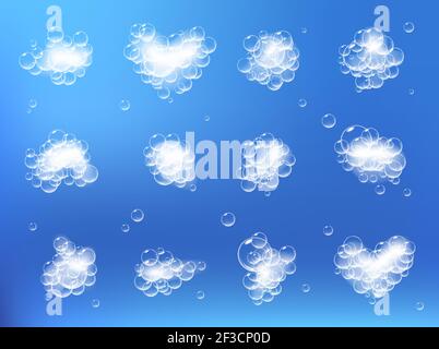 Pieces of soap foam with bubbles isolated on blue background. Sparkling shampoo and bath lather vector illustration. Stock Vector