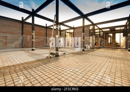 Steel bar framework preparation for a concrete slab. Stock Photo