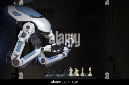 Sci-Fi Industrial robot playing a game of chess with itself. 3D illustration Stock Photo