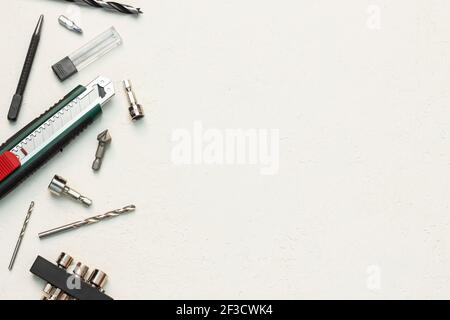 Craft tools isolated on white wood texture Stock Photo